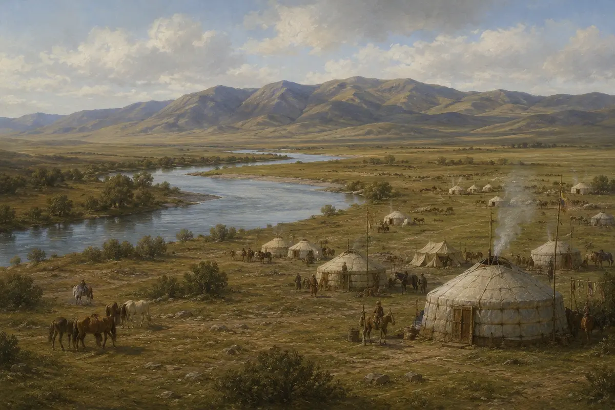 A wide river valley in northern Mongolia with low hills behind it and a scatter of tents on the bank
