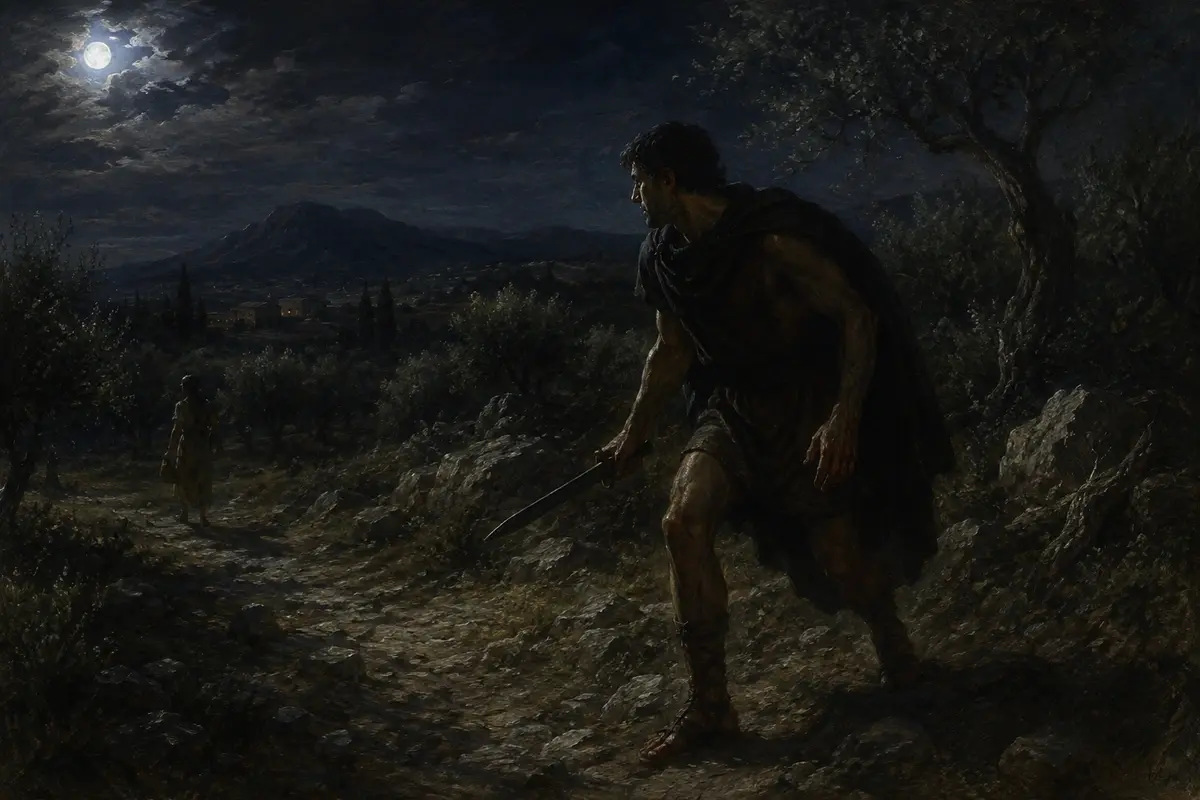 A young Spartan krypteia operative, armed and alone, moves through the Messenian countryside at night.