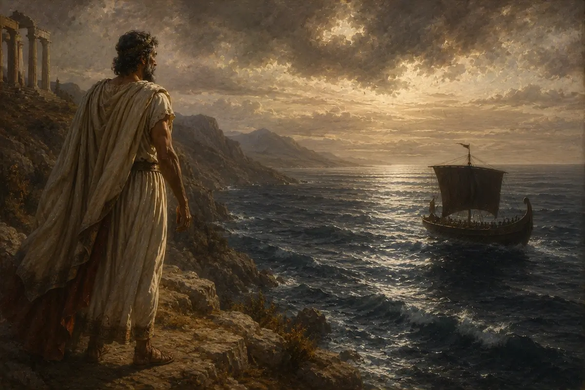 Aegeus stands on the cliff at Sounion watching the approaching ship — its sails still black, the signal he had dreaded.