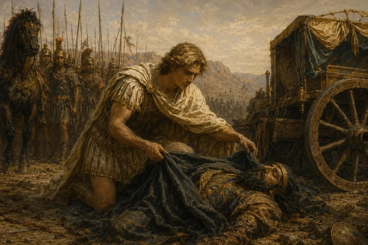 Alexander kneels beside the dying Darius on the road and covers him with his own cloak, the empty wagon beside them.