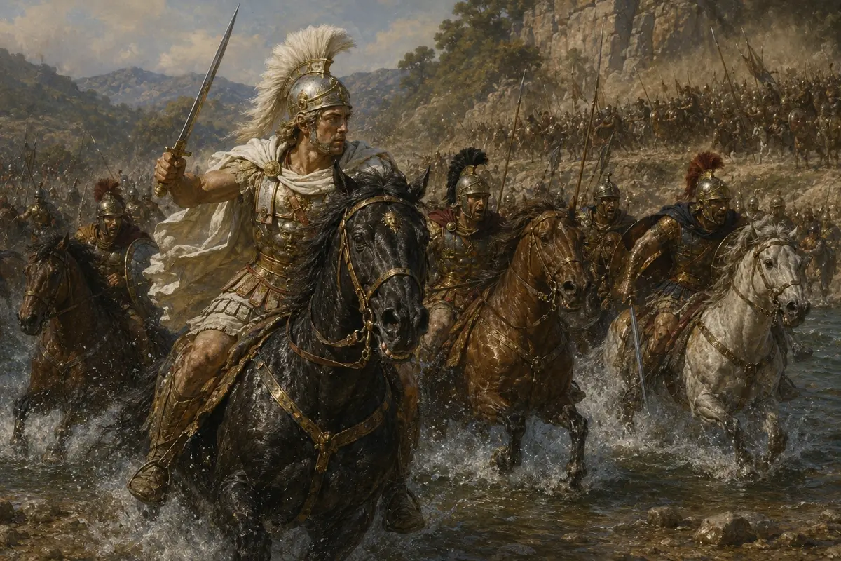 Alexander, in his white-plumed helmet, leads the Companion cavalry charging across the Granicus river and up the steep far bank.