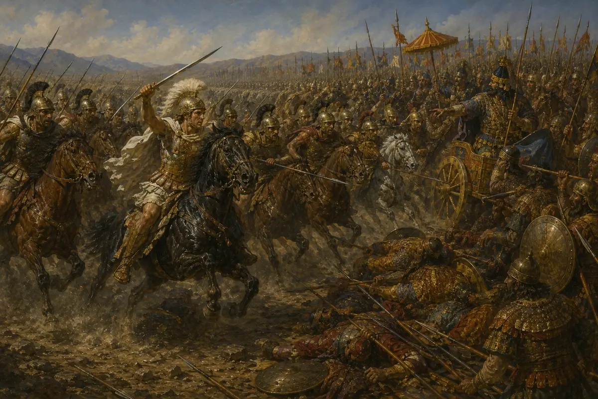 Alexander's Companion cavalry drive a wedge into the gap between the Persian left and centre at Gaugamela.