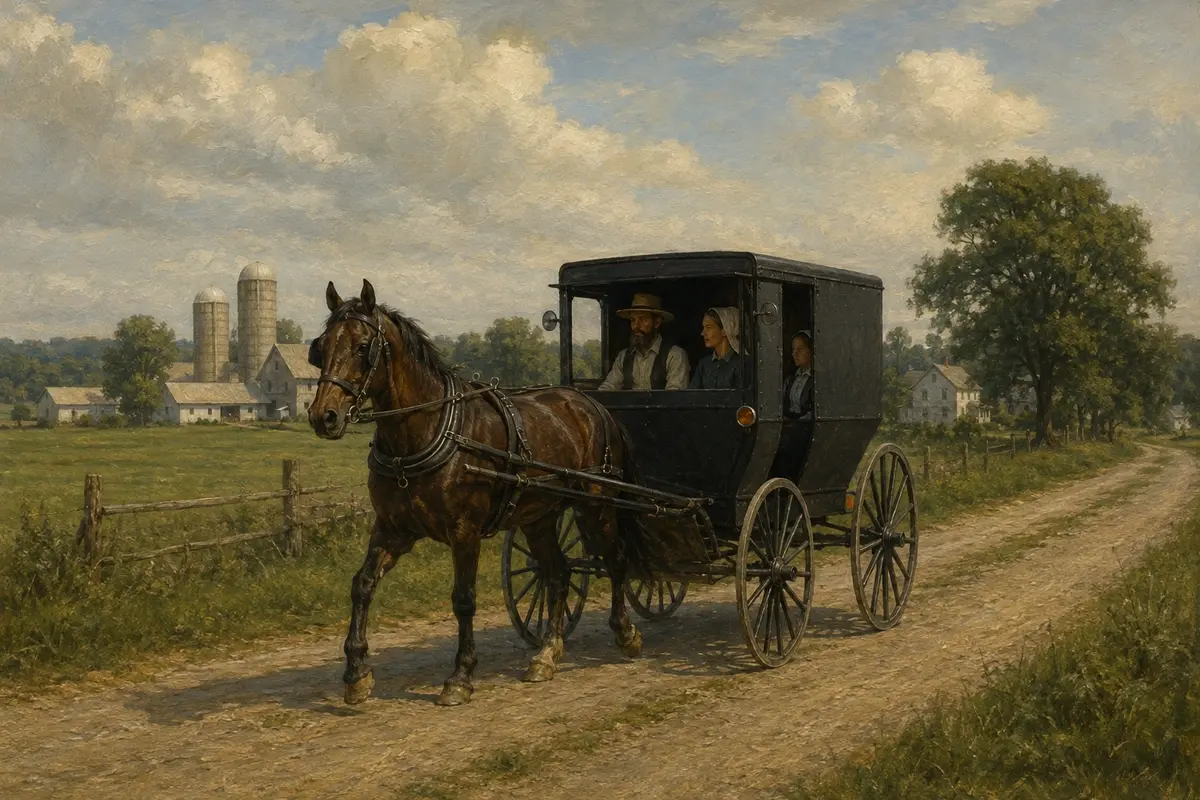 An Old Order Mennonite horse-drawn buggy on a rural road