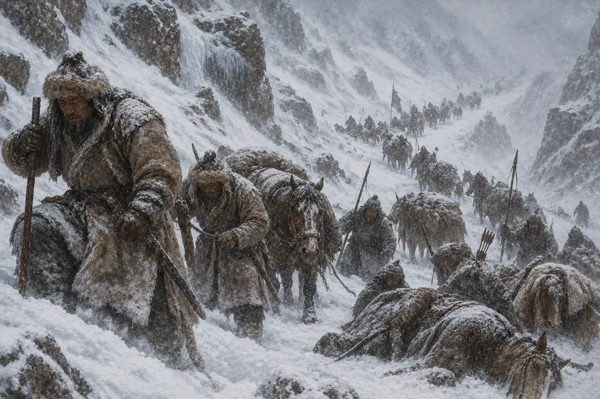 An army struggling through deep snow in a high mountain pass, men and animals scattered along the line of march