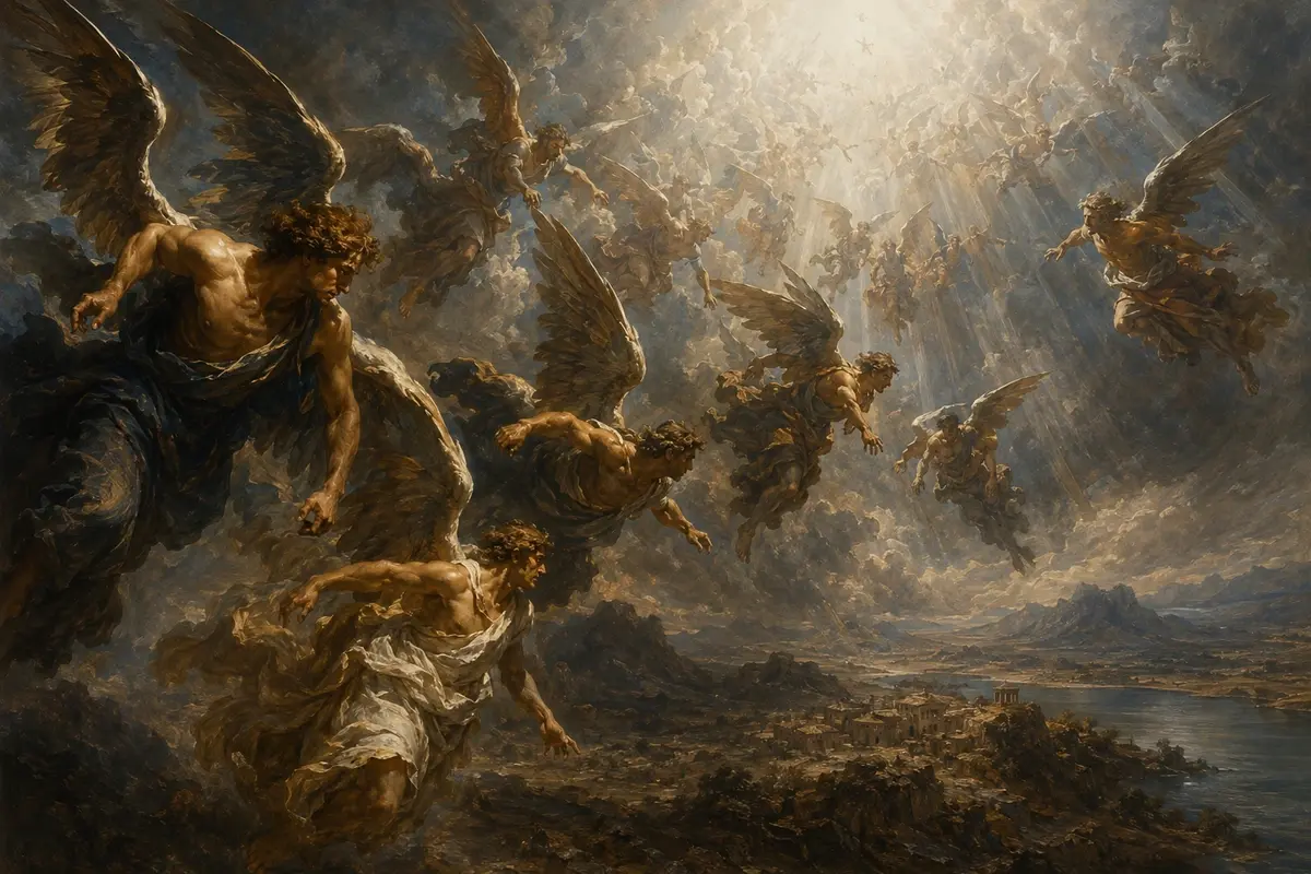An artistic depiction of angels descending toward the earth
