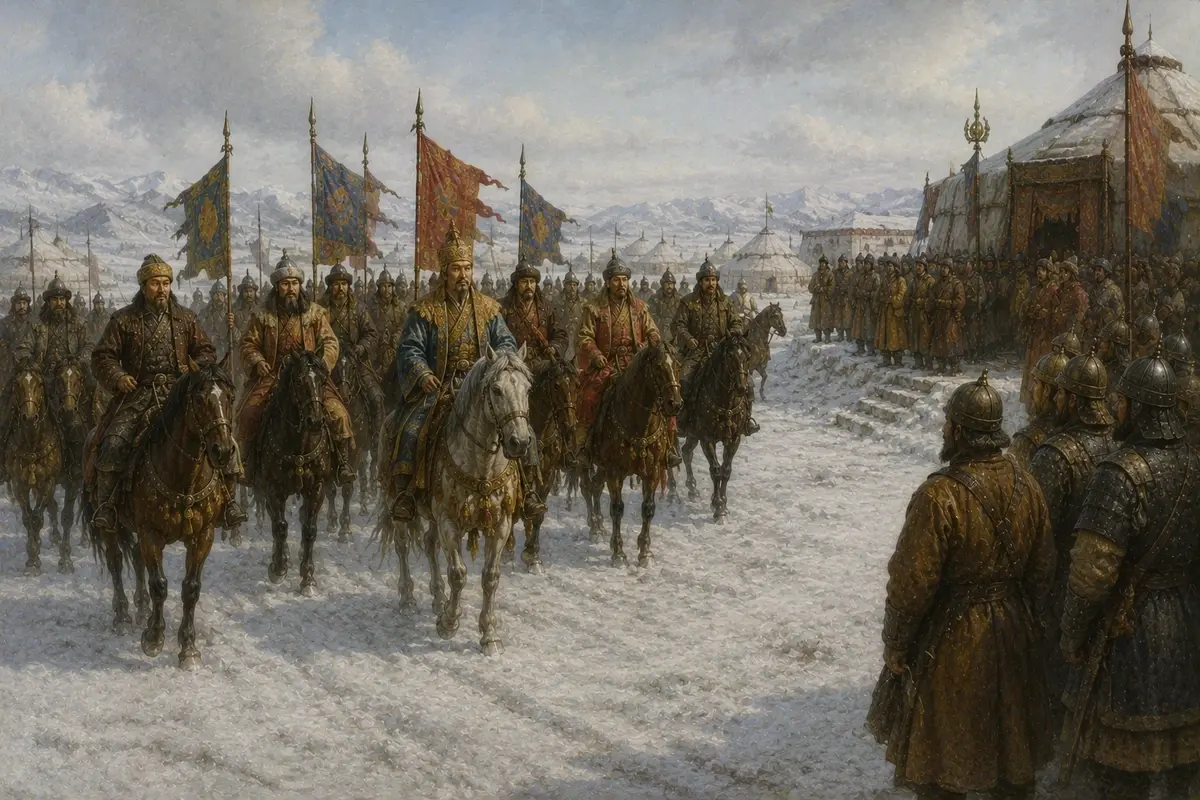 An embassy of richly dressed riders arriving at a steppe court through winter snow, escorted by armed horsemen