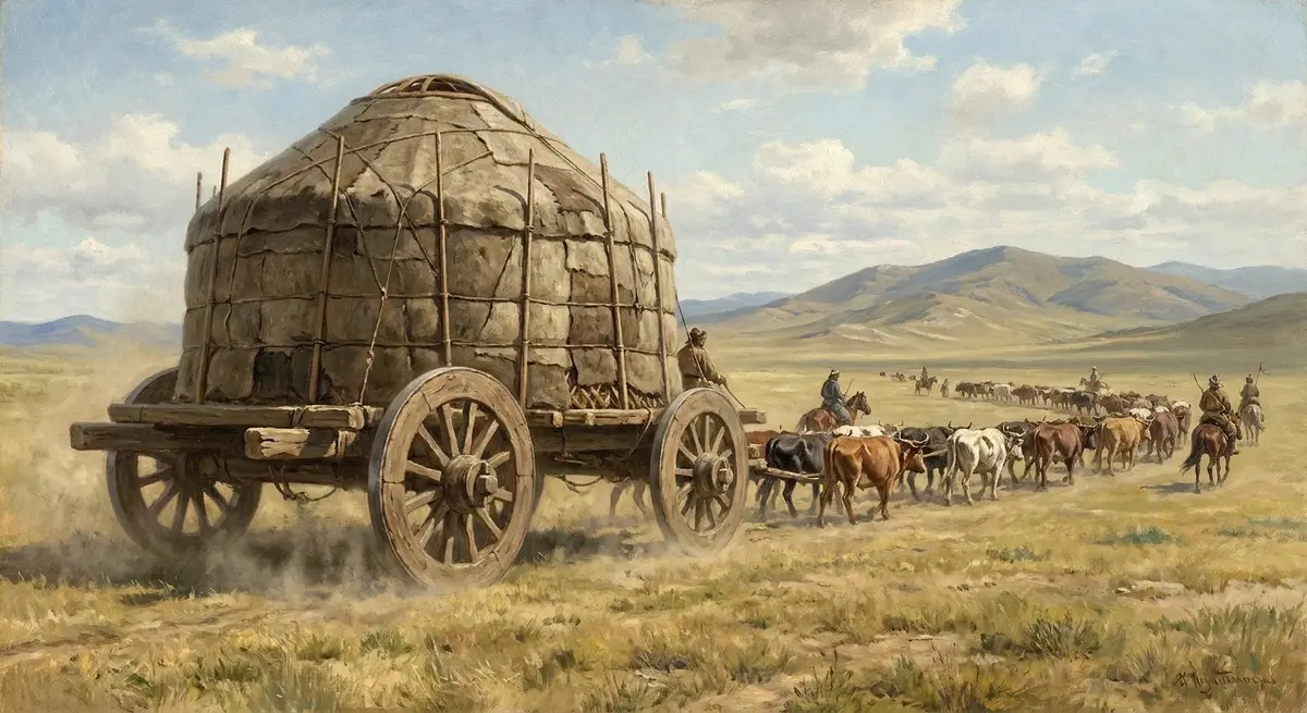 An enormous felt-covered Mongol dwelling mounted on a wheeled cart and hauled across open grassland by a long team of oxen