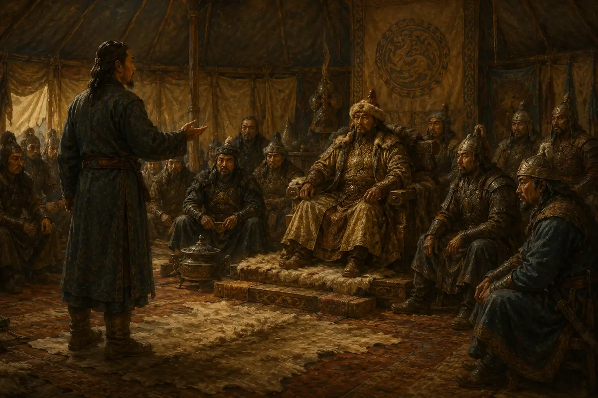 An envoy standing before a seated khan and his council inside a great tent, delivering a message aloud