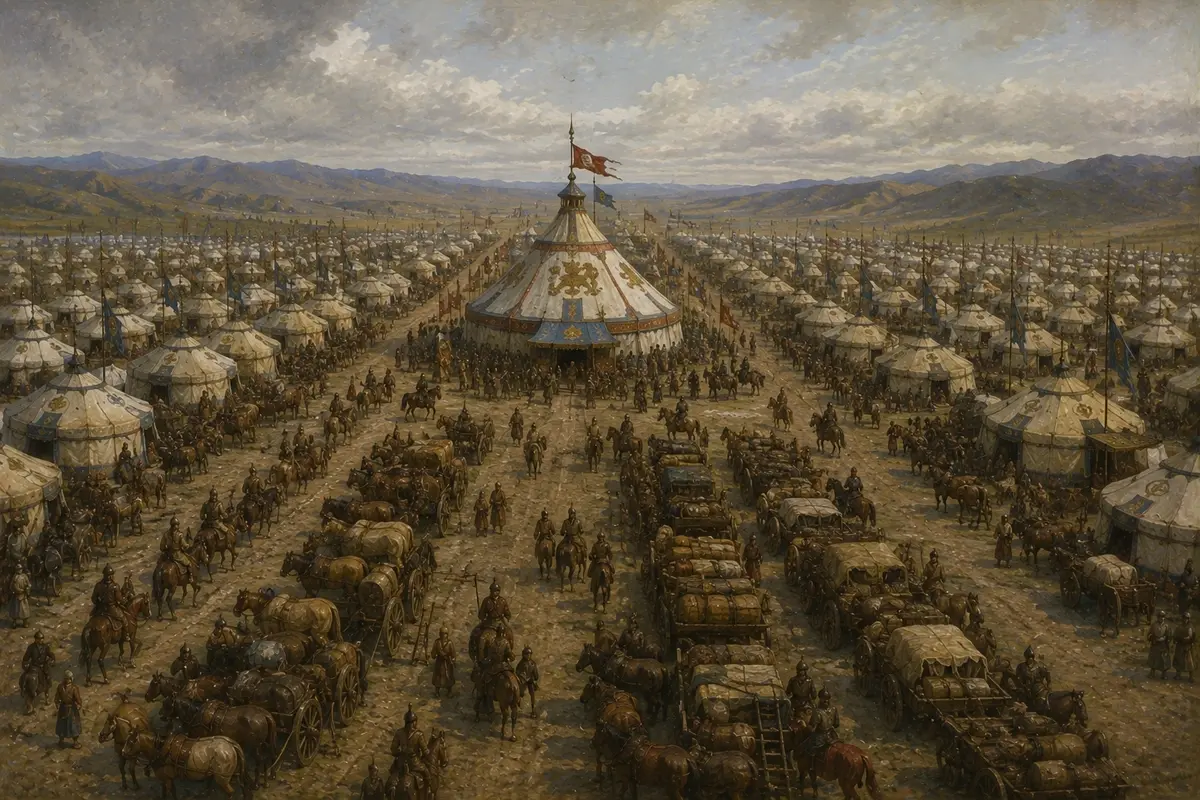 An ordered military encampment arranged in streets and squares around a tall painted tent at its centre, with supply carts in rows