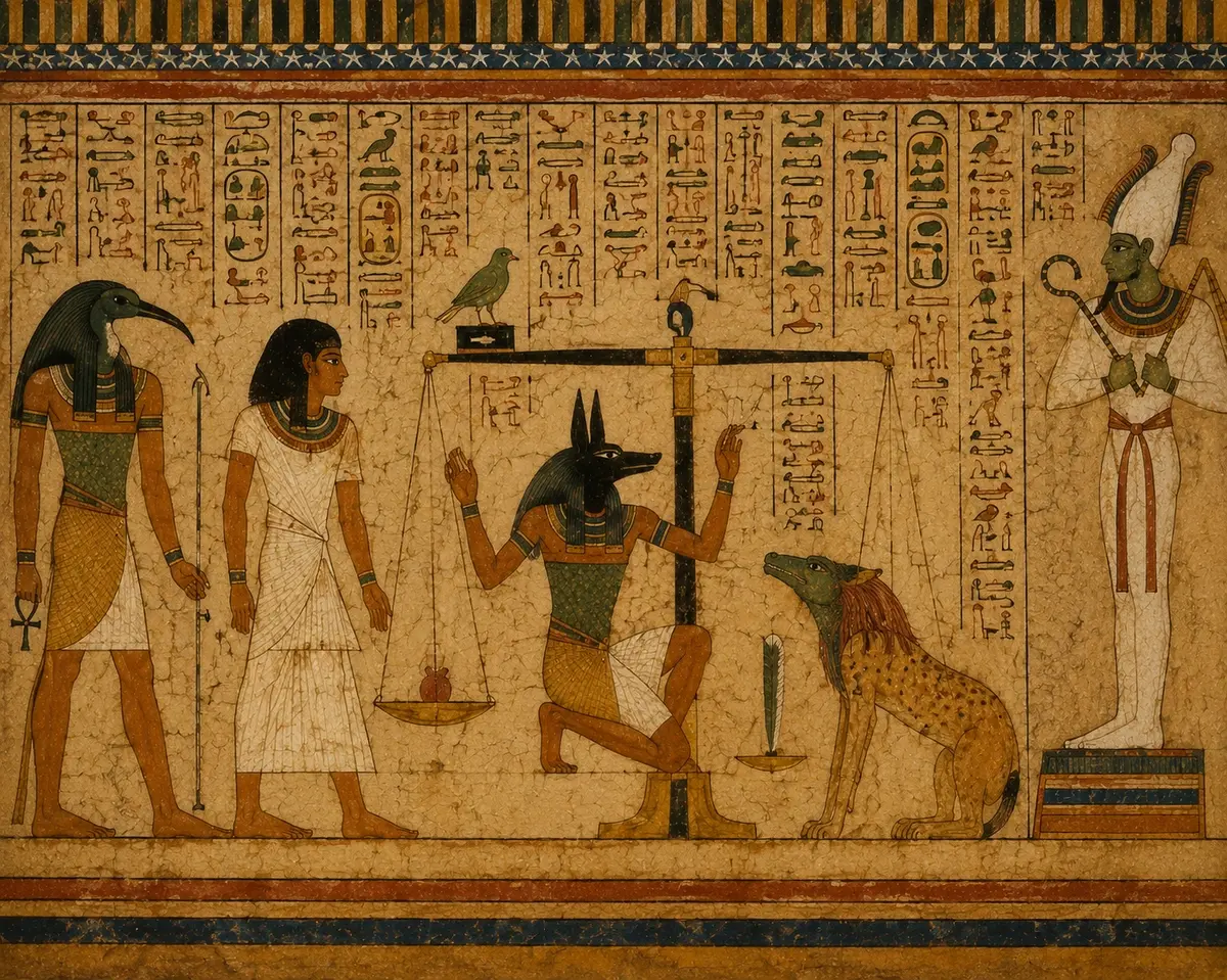 Ancient Egyptian tomb painting depicting the Weighing of the Heart ceremony before Osiris