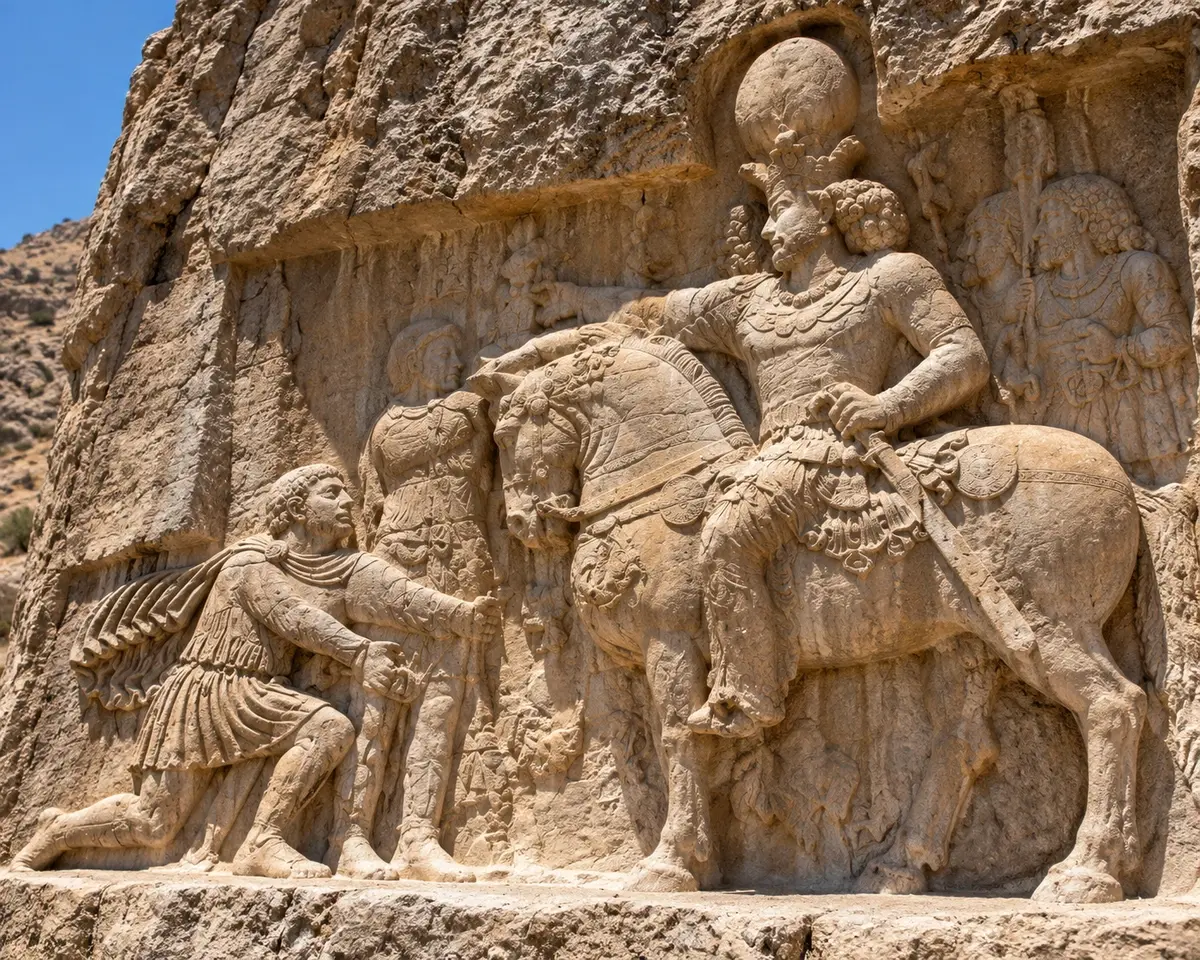 Ancient Persian rock relief carved into a cliff face showing a mounted Sasanian king before a kneeling Roman emperor