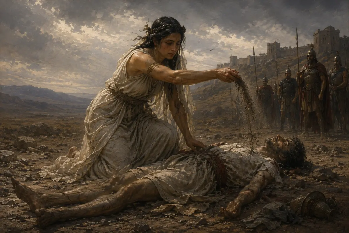 Antigone kneels beside her brother's body outside the walls of Thebes, scattering handfuls of dust over him in defiance of the edict.