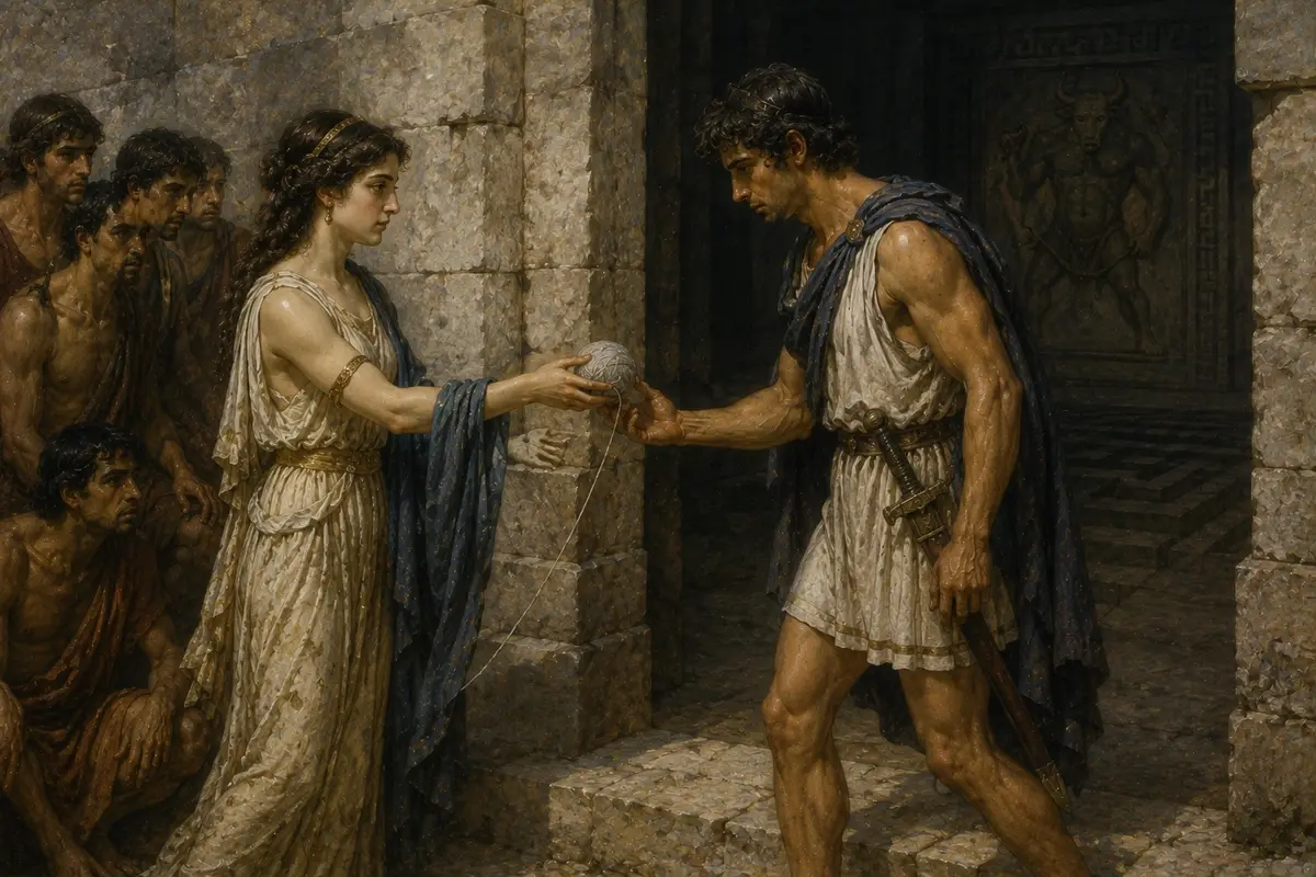 Ariadne hands Theseus the ball of thread at the entrance to the Labyrinth as the other Athenian captives watch.