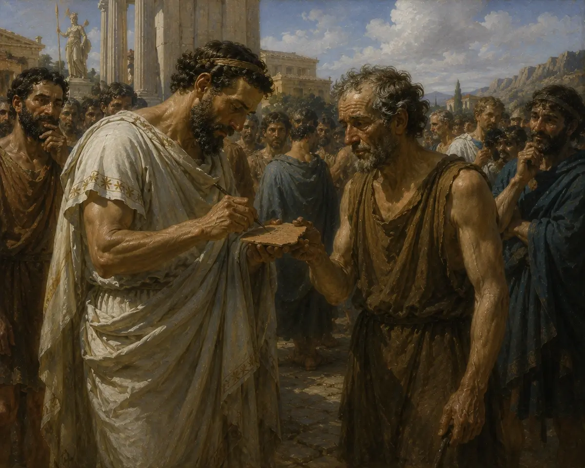 Aristides bends to scratch his own name onto a pottery fragment handed to him by an illiterate voter who does not recognise him.