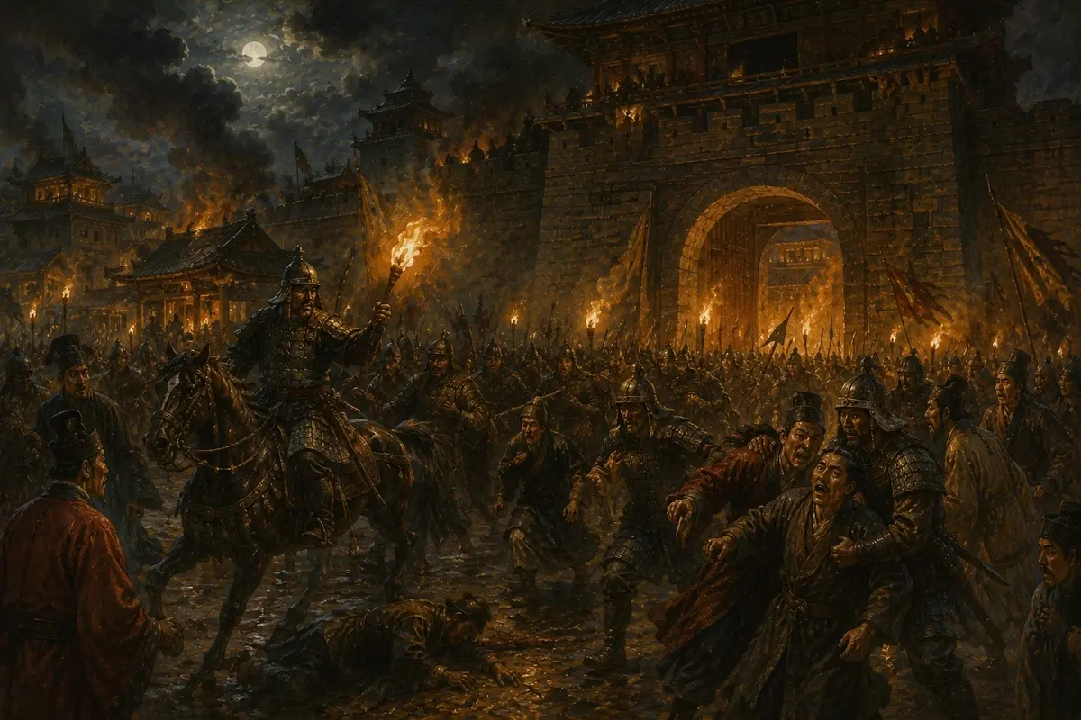 Armed troops forcing the gates of a walled capital by torchlight as officials are dragged from the streets