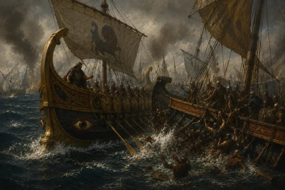 Artemisia's ship rams a Calyndian vessel in the chaos of the rout at Salamis, both Greek and Persian observers mistaking her intention.
