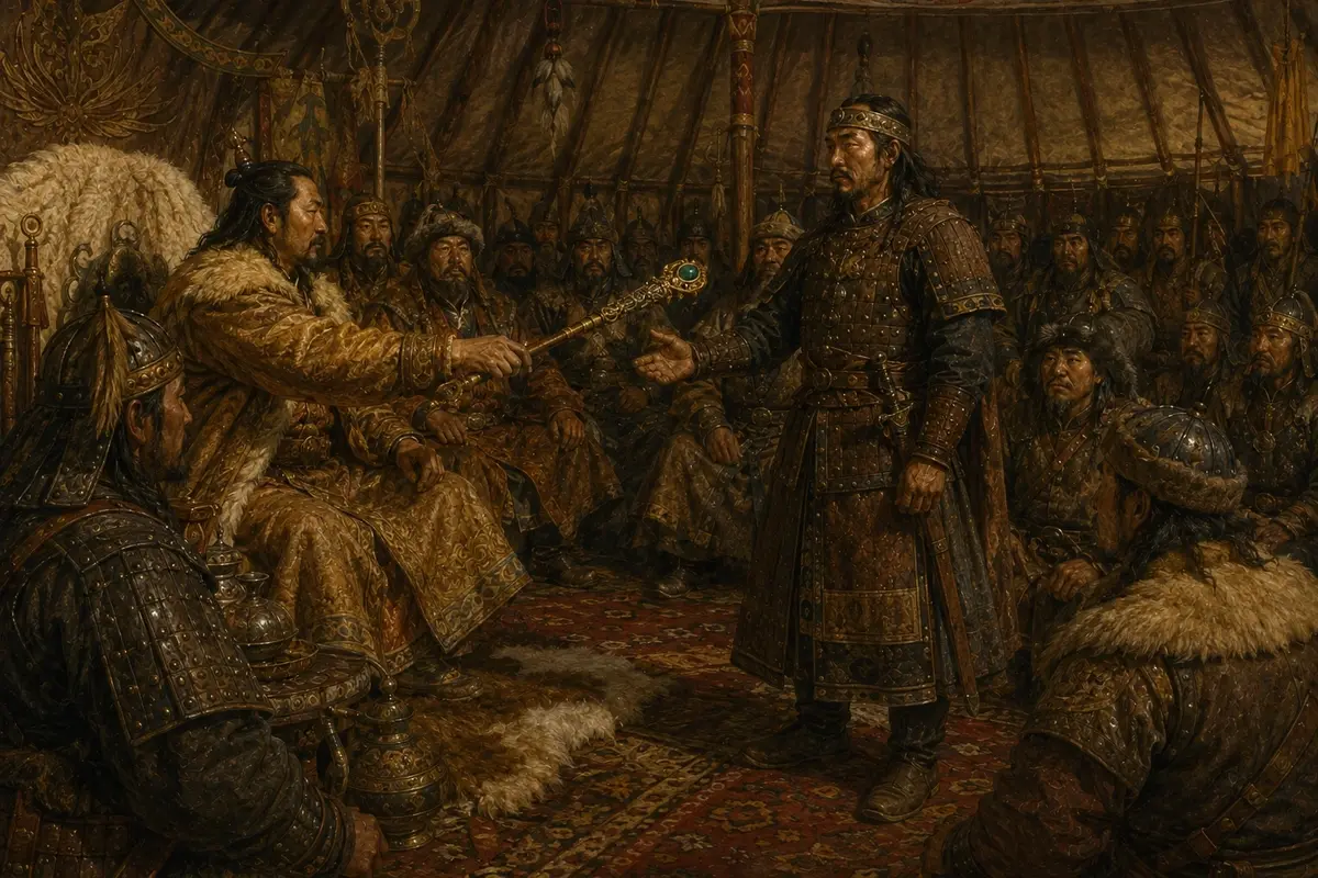 Assembled chieftains in a great tent watching an ornamented truncheon being handed to a commander standing among them