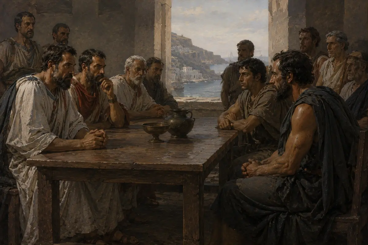 Athenian envoys sit across a bare table from the council of Melos, the negotiation stripped of every appeal to justice.