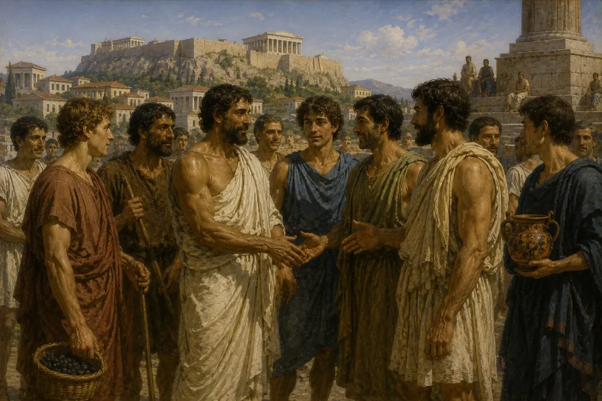 Athenians from coastal, inland and urban demes stand together as members of one of the ten new artificial tribes.