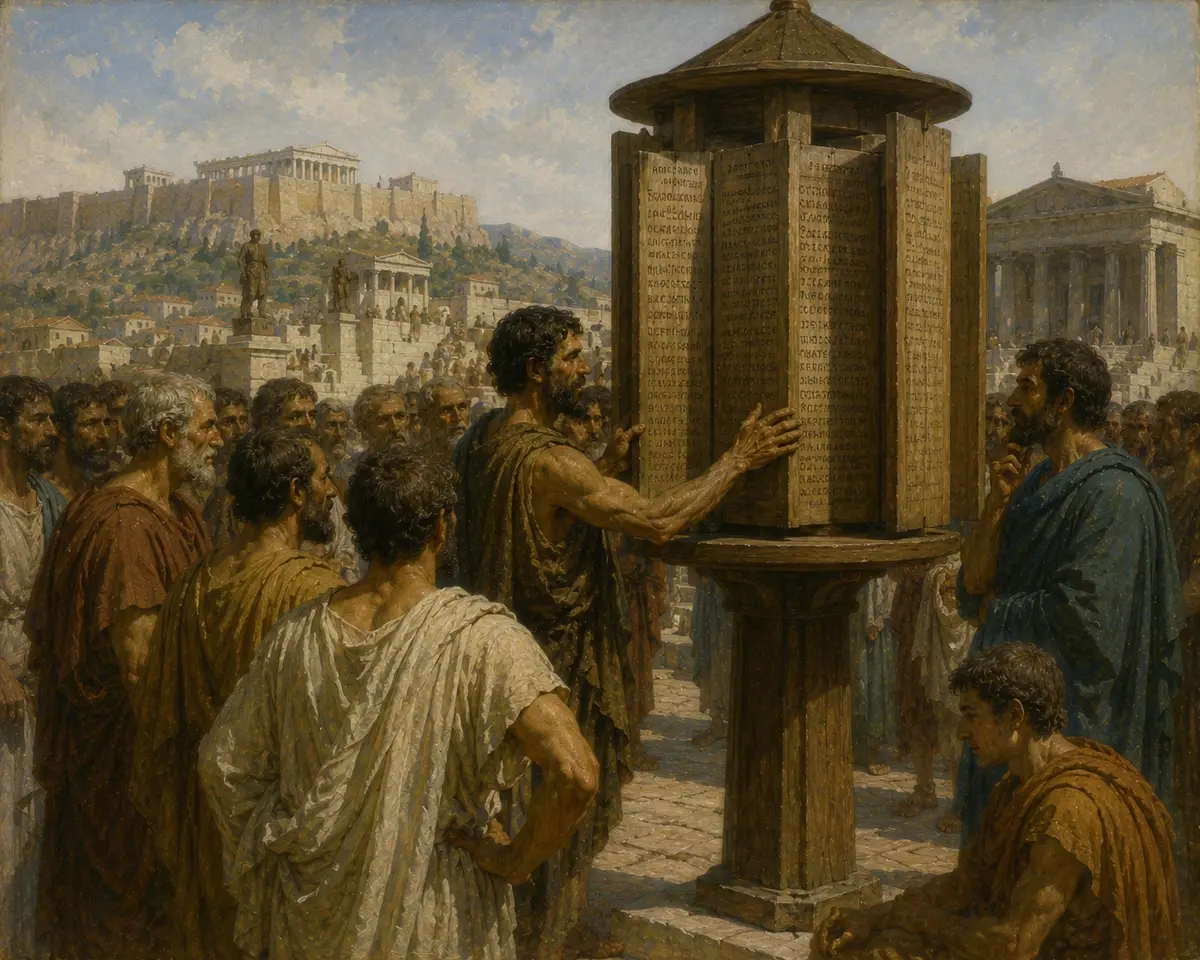 Athenians gather around tall rotating wooden tablets inscribed with Solon's laws, turning them to read the text.