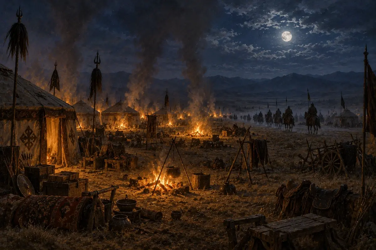 Campfires blazing across an empty night camp with the last riders filing away into the dark beyond them