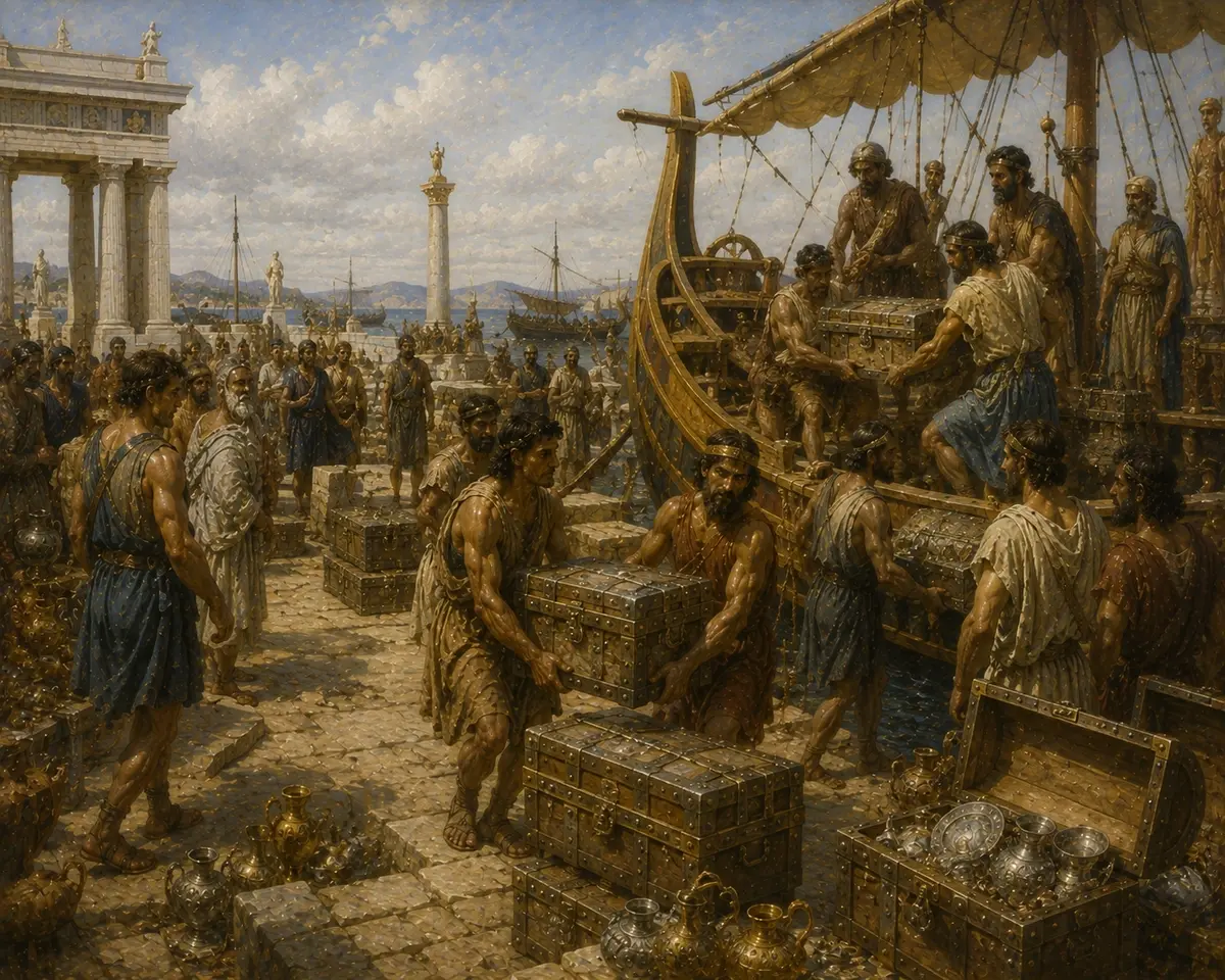 Chests of tribute silver are carried aboard ships at Delos for the move to Athens, the treasury leaving neutral ground for good.