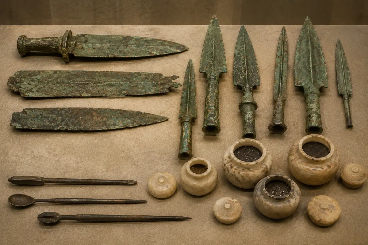 Corroded bronze blades and spearheads displayed beside small stone cosmetic jars and kohl applicators