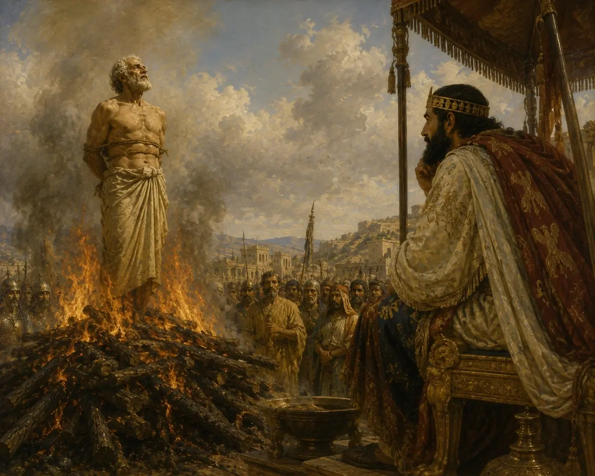 Croesus stands bound on the lit pyre, speaking a single name, while Cyrus leans forward from his position to listen.