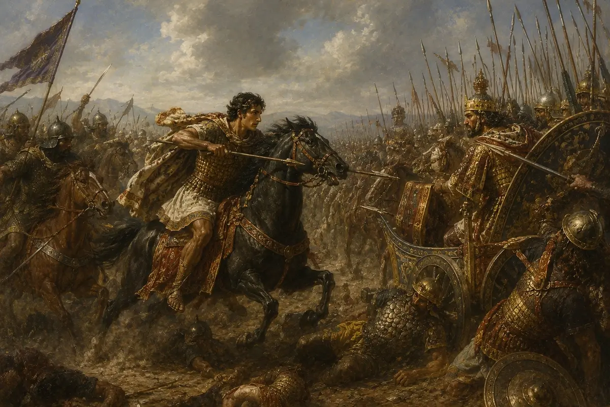 Cyrus the Younger leads his household cavalry in a personal charge towards his brother Artaxerxes in the centre of the Persian line at Cunaxa.