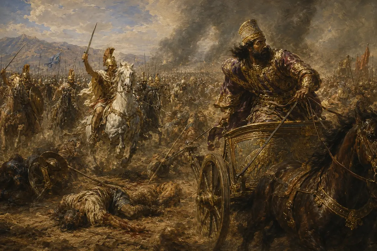 Darius III turns his chariot to flee at Issus as Alexander's cavalry charge closes in across the battlefield.