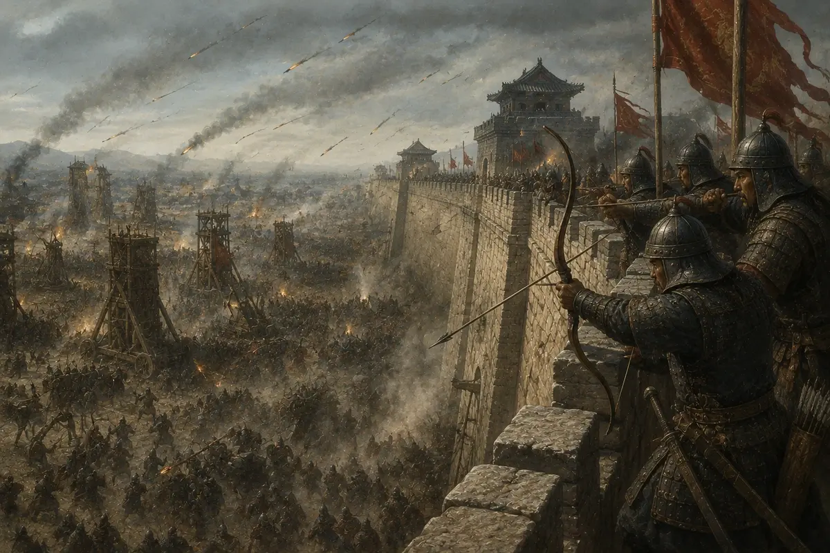 Defenders shooting down from the battlements of a besieged walled city while siege lines press in below