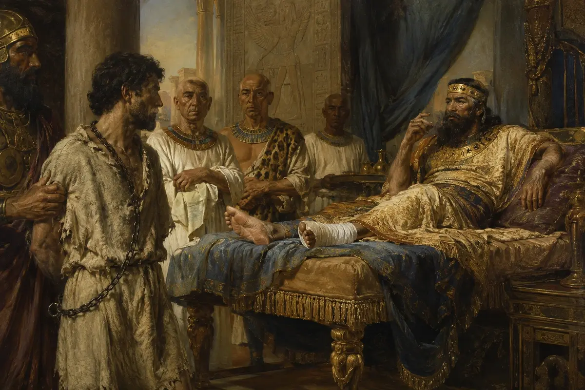 Democedes, still in rags and chains, is brought before Darius who lies with his injured ankle raised, Egyptian doctors standing aside.