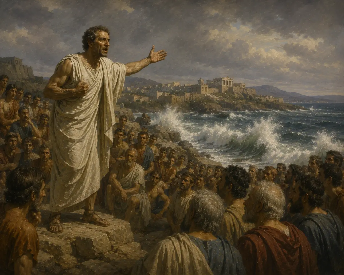 Demosthenes stands on a rocky shore declaiming against the noise of the breaking waves, working to project over a crowd.