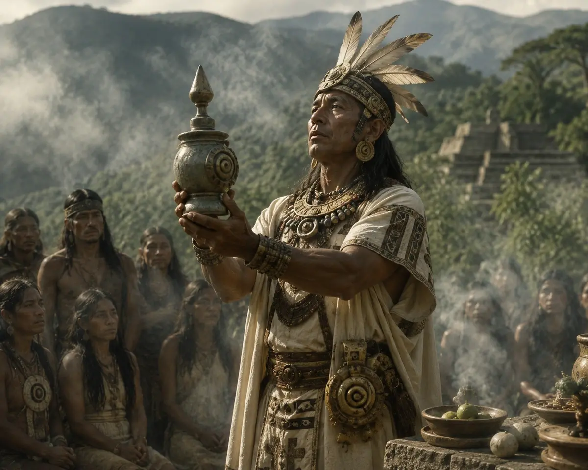 Depiction of a Tairona shaman performing a ritual, holding a ceremonial poporo lime container