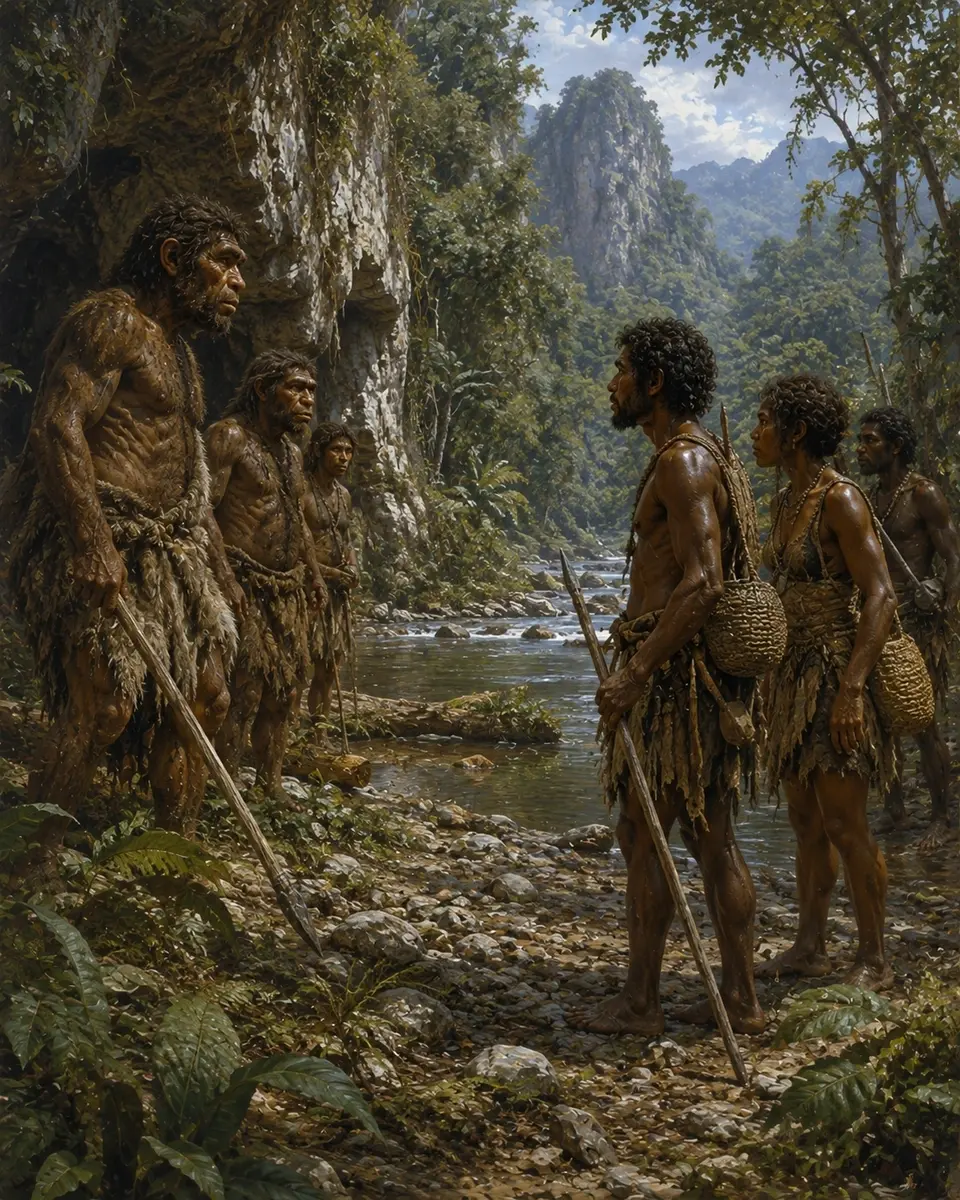 Early modern humans encountering Denisovans in prehistoric Southeast Asia.