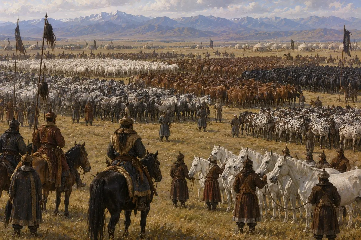 Enormous herds of horses drawn up on open grassland in separate blocks of white, grey, bay, black and spotted animals