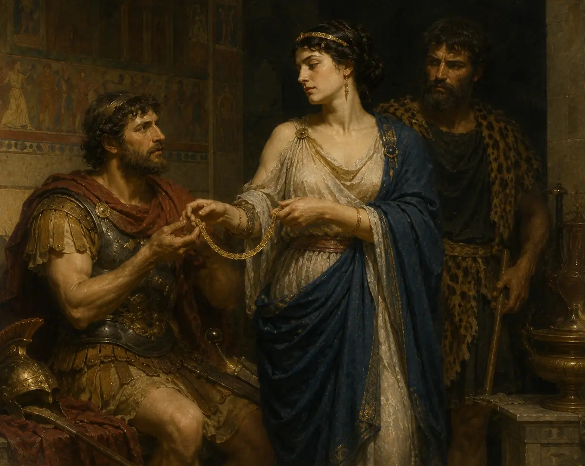 Eriphyle takes the golden necklace of Harmonia from Polynices, her decision already made, her husband waiting behind her.
