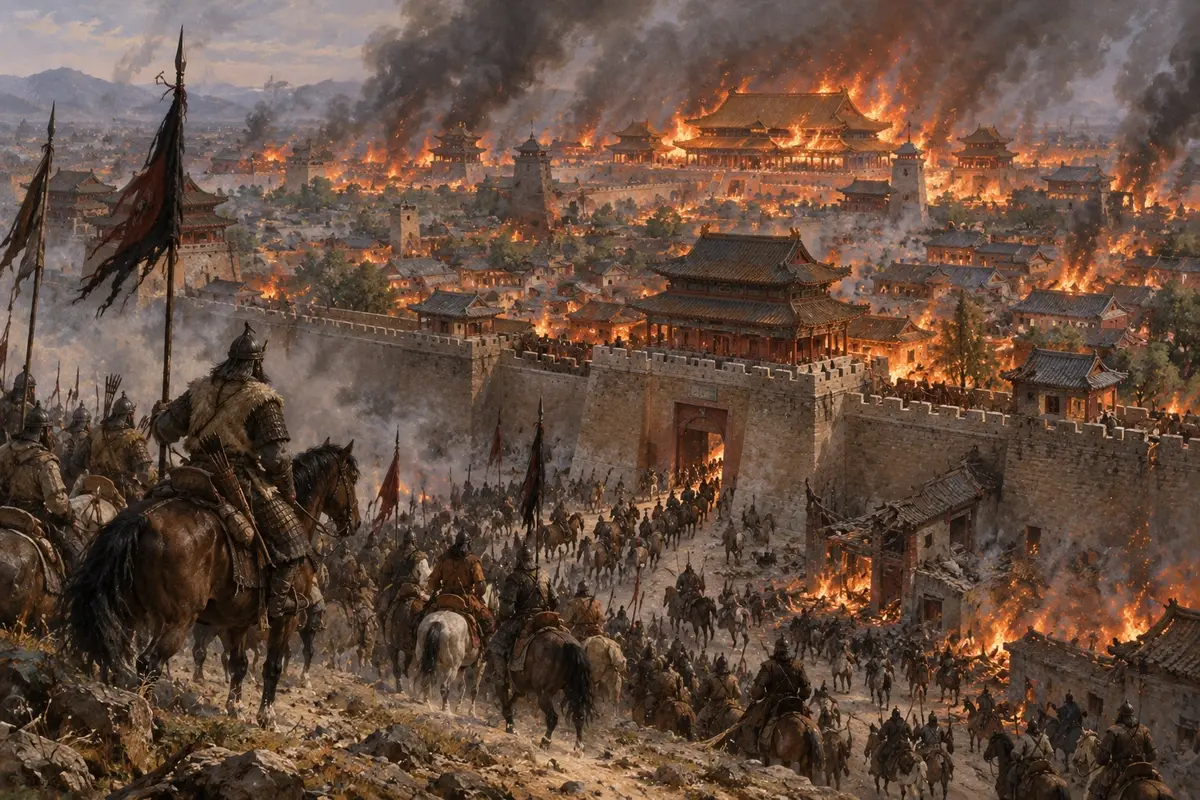 Fires taking hold across the roofs and courtyards of a great walled city as troops move through the streets below