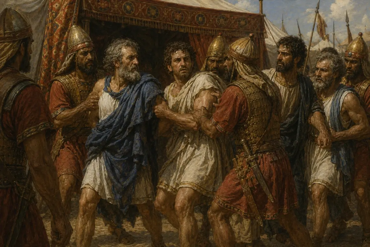 Greek generals are seized by Persian guards at the entrance to Tissaphernes's tent, the supposed negotiation revealed as a trap.