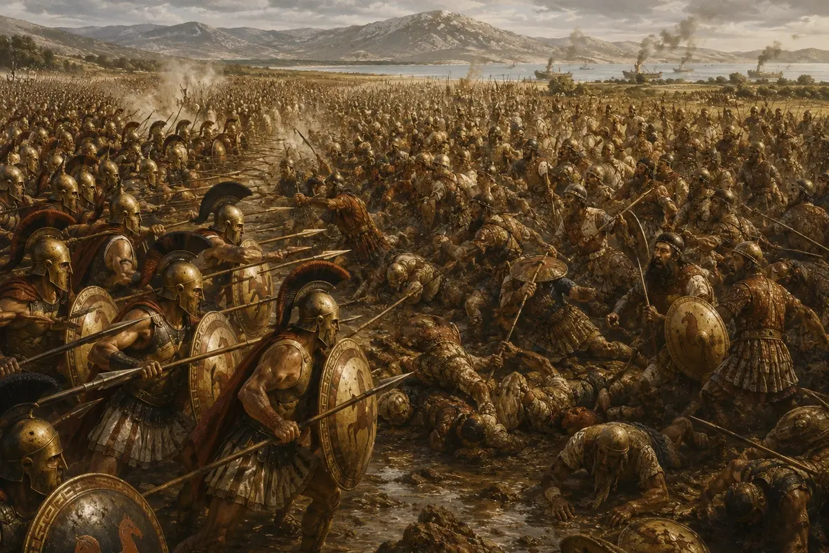 Greek hoplites on both wings turn inward to close on the Persian centre caught between them at Marathon.