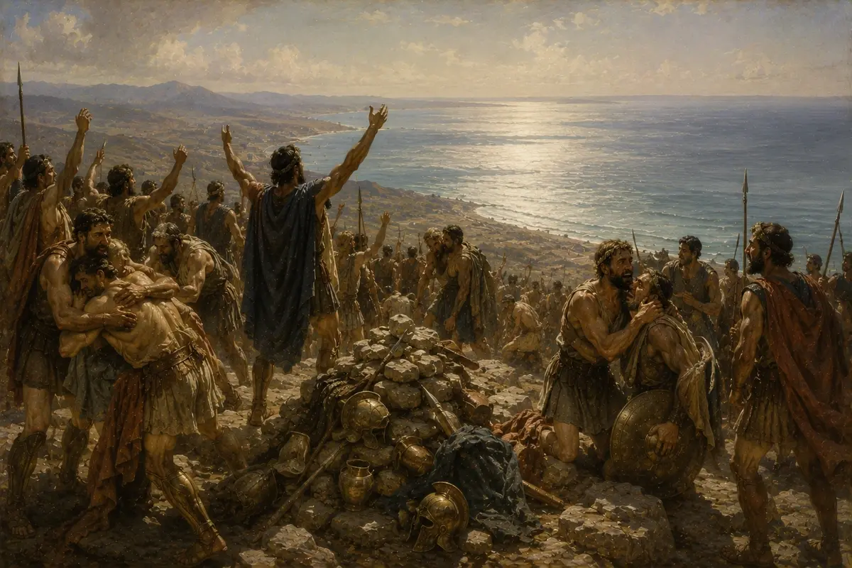 Greek soldiers crowd the summit of Mount Theches, weeping and embracing as they see the Black Sea glittering below.