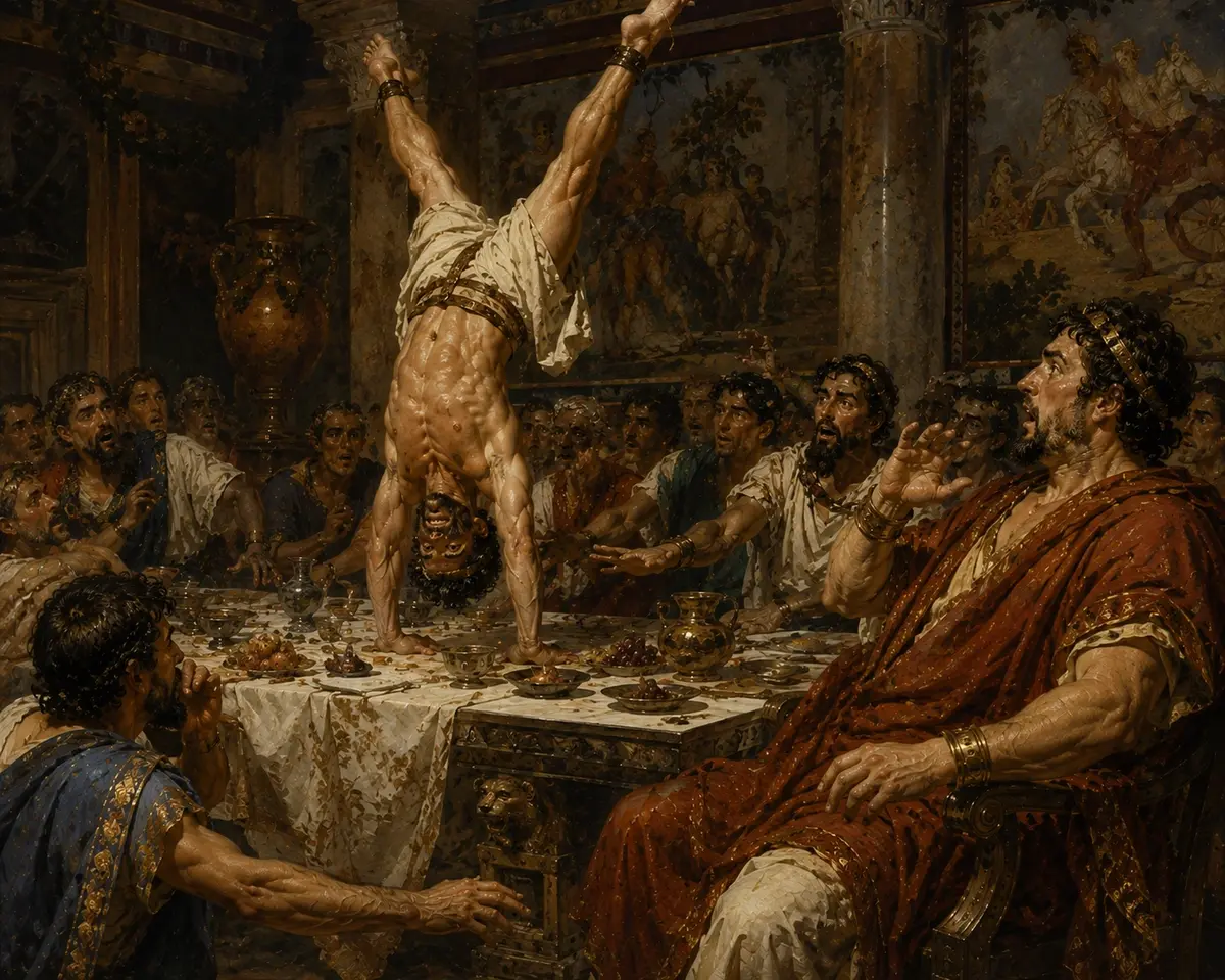 Hippocleides balances upside down on a banquet table beating time in the air with his legs while the host stares in horror.