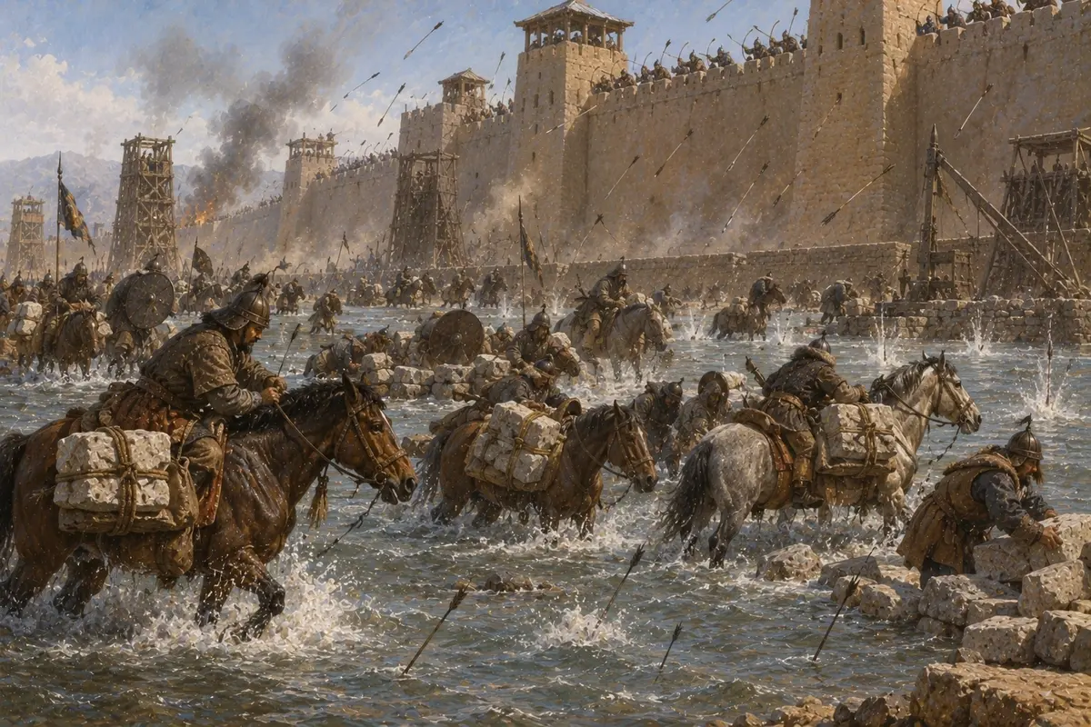 Horsemen carrying stones on their saddles into a river to build a foundation for siege engines under arrow fire