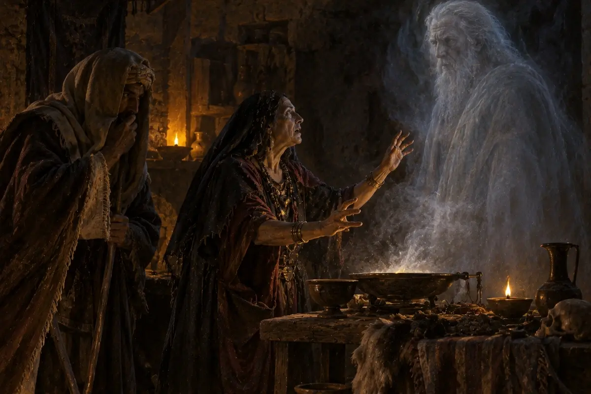 King Saul, in disguise, consulting the woman of En-dor as she summons the spirit of Samuel