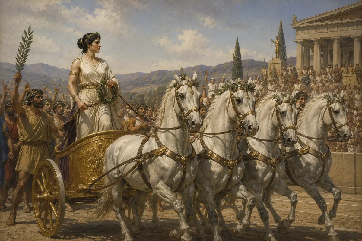 Kyniska of Sparta, the first female Olympic champion, stands with her chariot team after winning the four-horse race.
