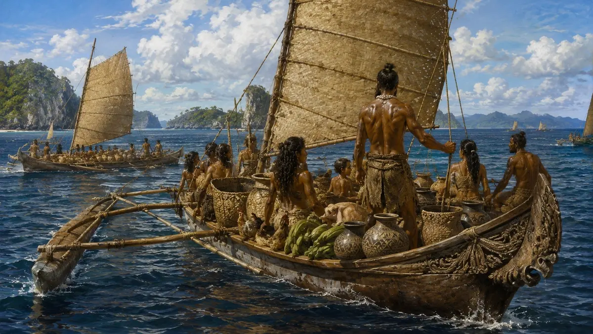 Lapita culture navigators sailing outrigger canoes across the western Pacific.