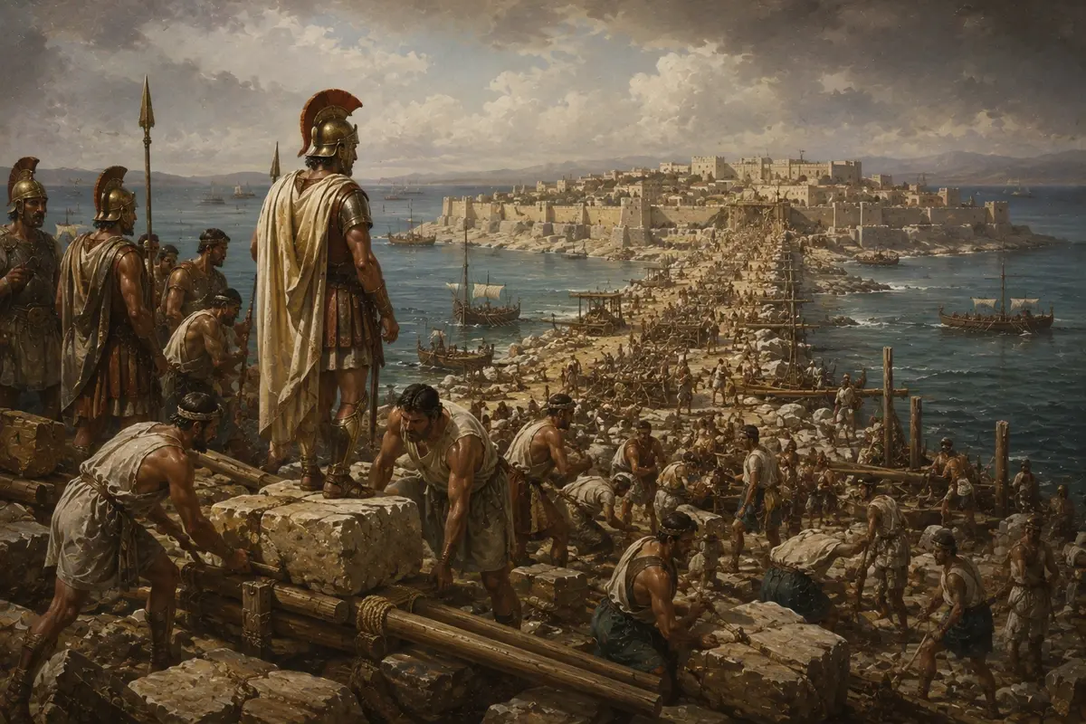 Macedonian soldiers labour to build the causeway stretching out to the island city of Tyre across the water.