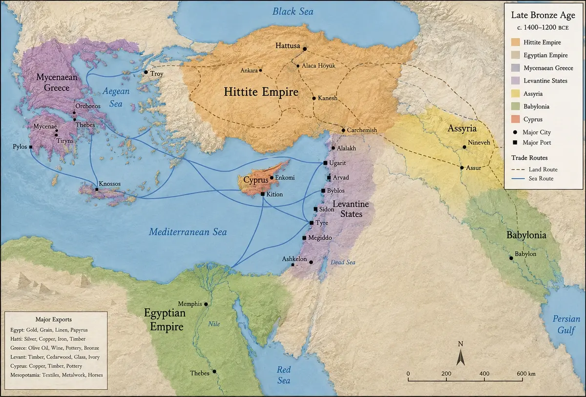 Map of the eastern Mediterranean and Near East showing the interconnected Late Bronze Age kingdoms of Egypt, Hatti, Mycenaean Greece, Cyprus, and the Levant