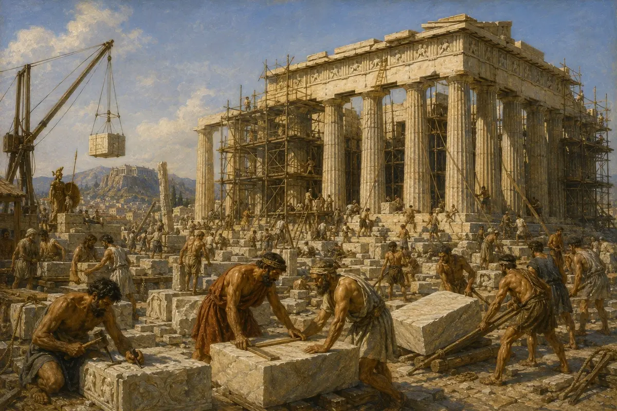 Masons, sculptors and labourers work across the Parthenon construction site on the Acropolis, marble blocks and scaffolding everywhere.