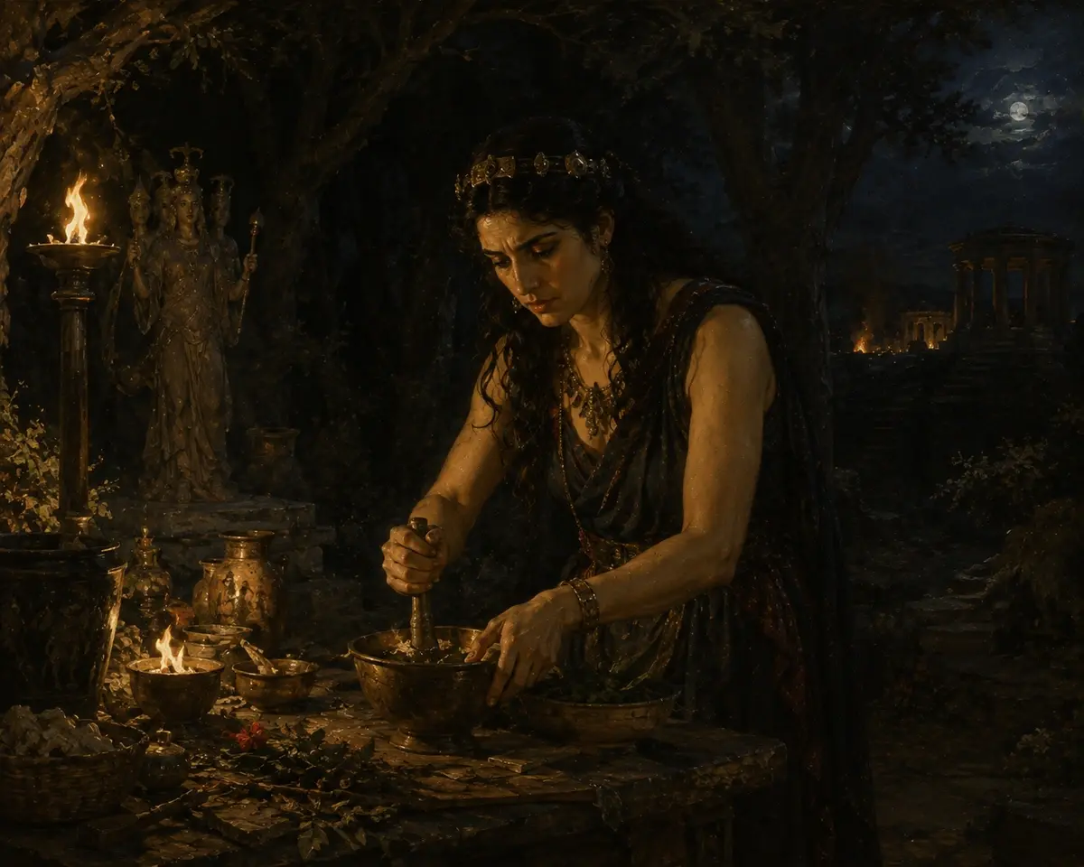 Medea works by torchlight in the sacred grove at night, mixing the ointment that will make Jason fireproof and unstoppable.